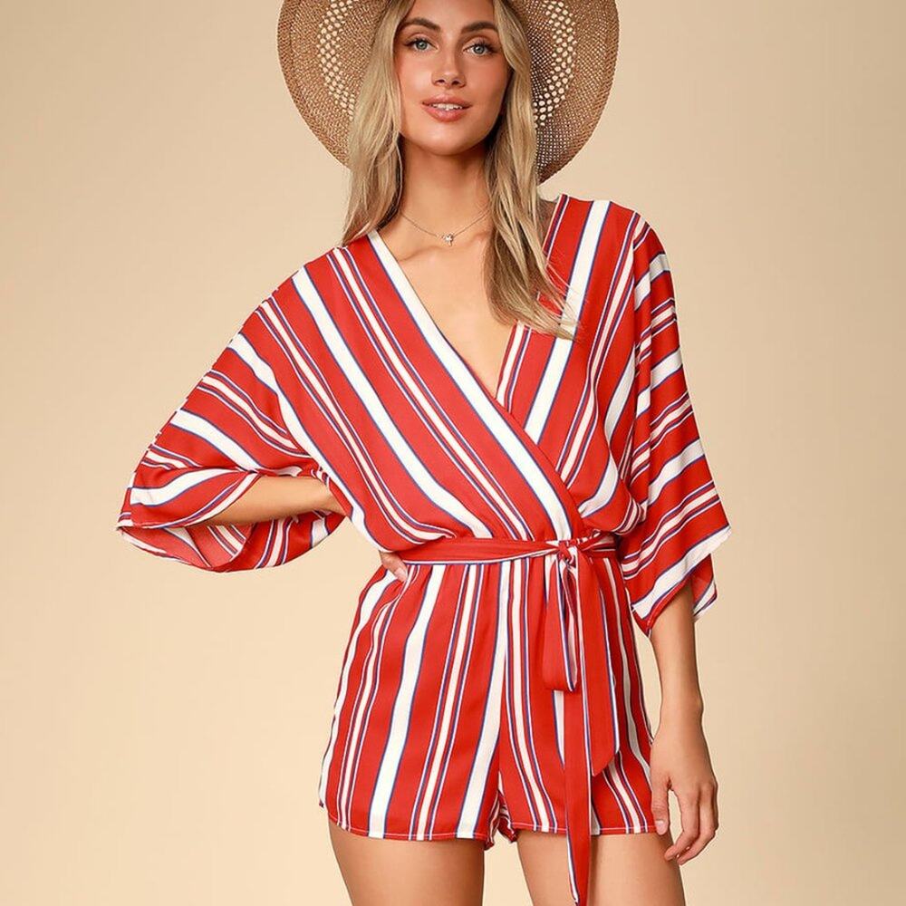 Lulu's Spruce Red Multi Striped Kimono Sleeve Romper Size Small